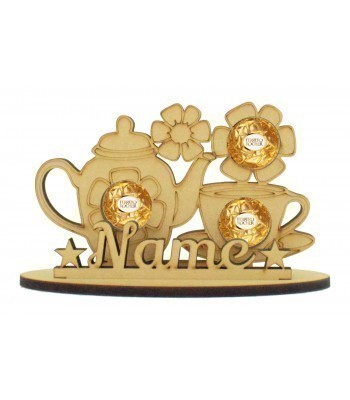 6mm Personalised Tea Pot & Cups Shape Ferrero Rocher or Lindt Chocolate Ball Holder on a Stand - Stand Options